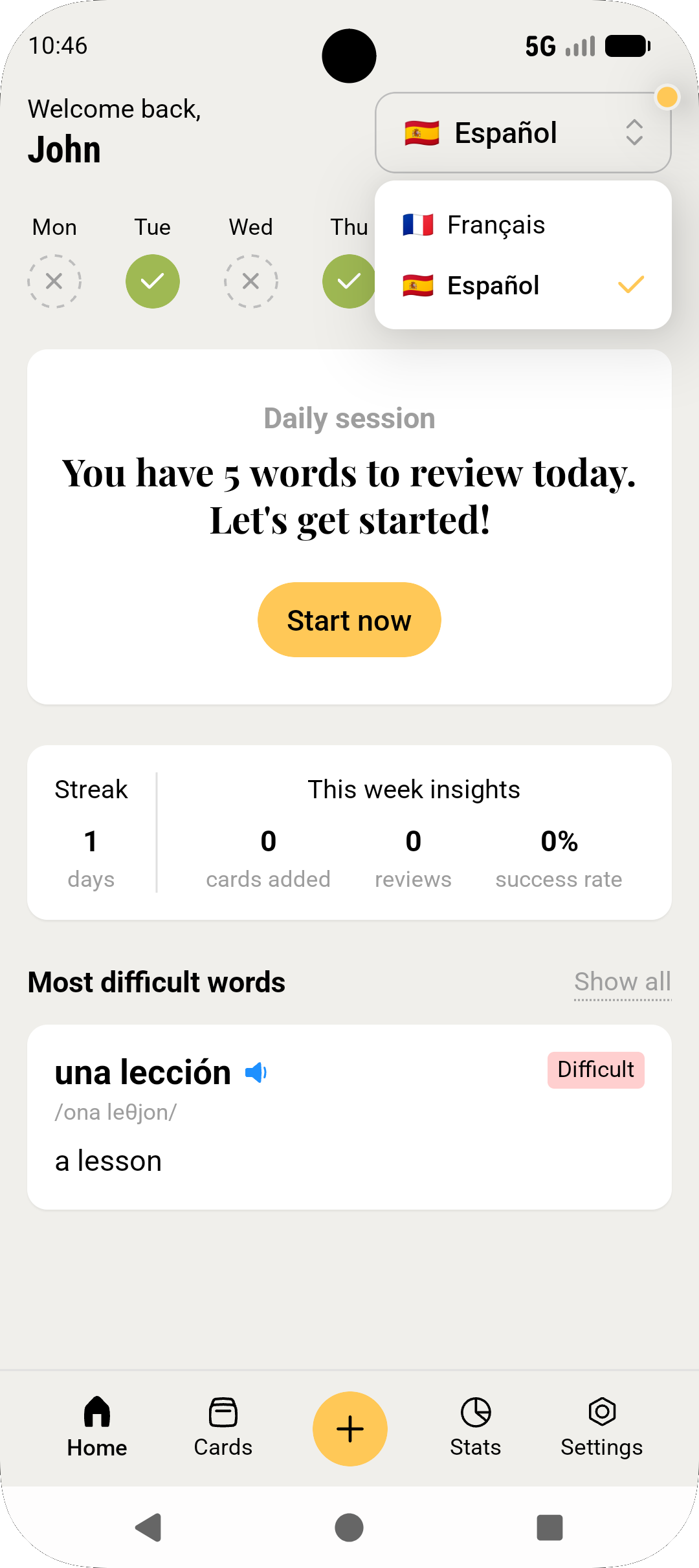 Repi app home screen showing a daily session, weekly insights and the most difficult word card.